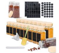 NAIZY Lot de 24 pots à épices carrés en verre de 120 ml avec insert saupoudreur, étiquettes étanches, entonnoir, brosse de nettoyage, récipients à épices pour accessoires de cuisine, couvercle en bois