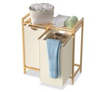 NAIZY Panier à linge, à 2 compartiments, 72 l/2 x 36 l, en tissu Oxford, avec plateau supérieur en bambou, tiroir à linge extensible, guides amovibles, système de tri du linge, beige