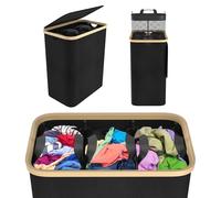 NAIZY Panier à linge avec couvercle, 140 l, panier à linge avec 3 compartiments, sac à linge lavable et poignée, extensible et amovible, noir