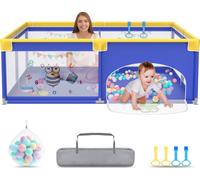NAIZY Parc pour b?b ? 180x200cmParc pour b?b ? avec 50 balles Ocean & 4 anneaux de traction & sac de transport, Tente de parc pliable avec filet respirant pour enfants, bleu avec motifs d'animaux
