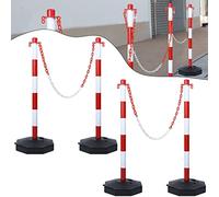 NAIZY Poteaux de Barrière 4 pcs Potelets en Plastique avec Chaîne de 140cm & Poteau de Base en PE PP Barrière de 82cm Poteau de Signalisation Flexible avec Cône Inclus, Rouge+Blanc