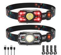 NAKCNM Lot de 2 lampes frontales rechargeables LED avec détecteur de mouvement avec lumière rouge, 2000 lumens avec 5 modes, lampe frontale légère et étanche pour la course, la pêche, le camping pour