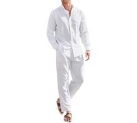 NAKEAH Survêtement Décontracté En Coton Et En Lin Pour Hommes Ensemble Printemps Été Chemise Et Pantalon En Lin De Couleur Glissée Ensemble Deux Pièces Plage 2pcs Set Blanc XL