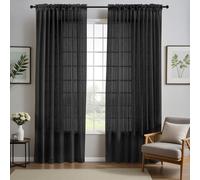 NAKIHOUSE Lot de 2 voilages en lin noir pour fenêtres de 243,8 cm, rideaux semi-transparents à texture lin de style rustique avec fentes sur le dessus filtrant la lumière pour salon, chambre à coucher