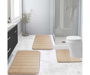 NAKIHOUSE Lot de 3 tapis de bain en mousse à mémoire de forme, absorbants, imperméables, antidérapants (beige, 40 x 60 cm + U50 x 50 cm + 50 x 80 cm)