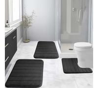 NAKIHOUSE Lot de 3 tapis de bain en mousse à mémoire de forme antidérapants, absorbants, imperméables, tapis de bain et de toilettes (noir, 43 x 60 + U50 x 60 + 50 x 80 cm)