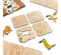 NAKLEO Pochoirs de Dessin en Bois pour Enfants, Set de 20 Pièces 9.5x9.5 cm Jungle Savane Animaux, Montessori Modèles Éducatifs Jouet, Créatives DIY Décoration Arts et Artisanat, Papier Mur Bois Tissu