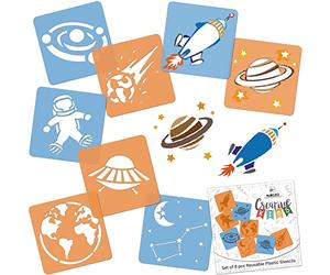 NAKLEO Pochoirs de Dessin pour Enfants 8 Pcs 15x15cm Espace Univers, Plastique et Réutilisable Créatif Modèles pour Peinture, DIY Bricolage Décoration Arts et Artisanat, Papier Mur Bois Tissu
