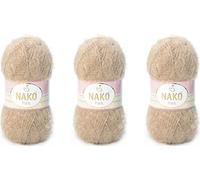 NAKO Paris - Fil à Tricoter Acrylique pour Châle et Bonnet d'Hiver - 3 Écheveaux 40% Acrylique Supérieur, 60% Polyamide - 100g, 268m par Pelote (11237-Camel)