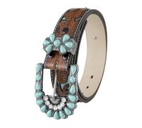 NALANY Ceintures en Relief pour Femmes Hommes Cowboy Cowgirl Ceinture en Cuir avec Plume Gravée Boucle Western en Pierre Turquoise pour Jean(100cm/39, Brown)