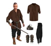 NaLatia Costume viking pour homme, chemise, costume de pirate, en lin, vêtements médiévaux, chemise classique à lacets, chemise de pirate, pantalon et accessoires, ensemble de 4 pièces (01 Brun, L)
