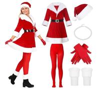 NaLatia Déguisement Noël Femme 6Pcs Costume De Père Noël Élégant pour Fête De Fin D'Année Tenue Complète Adulte Déguisement Femme Cape Hiver Chaud Adulte Tenue Miss Santa pour Femme - Cosplay