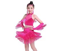 NaLatia Enfant Fille Robe de Danse Latine Strass Franges Bandage Robe Salsa Samba Rumba Tango Jazz et Short de Danse Ensemble Performance 2-15 Ans