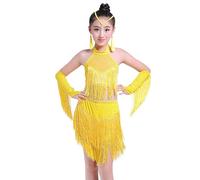 NaLatia Enfant Fille Robe de Danse Latine Strass Franges Bandage Robe Salsa Samba Rumba Tango Jazz et Short de Danse Ensemble Performance 2-15 Ans