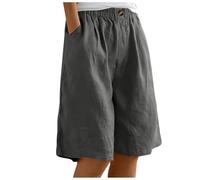 NaLatia Short d'été en lin pour femme avec poches - Longueur genou - Bermuda à jambe large - Taille élastique - Short long - Short de plage décontracté - Grande taille