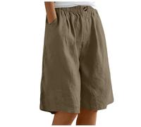 NaLatia Short d'été en lin pour femme avec poches - Longueur genou - Bermuda à jambe large - Taille élastique - Short long - Short de plage décontracté - Grande taille