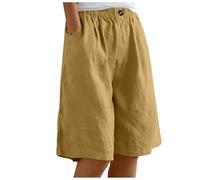 NaLatia Short d'été en lin pour femme avec poches - Longueur genou - Bermuda à jambe large - Taille élastique - Short long - Short de plage décontracté - Grande taille