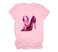 NaLatia Tee-Shirt Octobre Rose pour Femme T-Shirt De Lutte Contre Le Cancer Talon Haut et Ruban Rose Femme Cancer du Sein Cœur Rose Ruban Tshirt