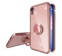 NALIA Coque avec Bague Compatible avec iPhone XR, Paillettes Bling Housse Mince 360 Degrés Rotation Ring Stand, Fine Silicone Protection Cover Etui Bumper Slim Gel Case Souple, Couleur:Rose Gold Or