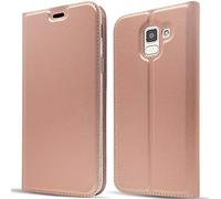 NALIA Coque Flip-Case Compatible avec Samsung Galaxy J6 2018, Fine Housse Protection Avant & Arrière Slim Book-Cover Etui en Cuir, Magnétique Synthétique Mince Complet Bumper, Couleur:Rose Gold Or