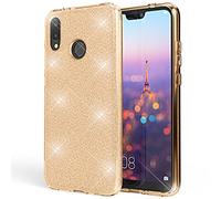 NALIA Coque Silicone Compatible avec Huawei P20 Lite, Ultra-Fine Glitter Housse Protection Case Paillettes Cover Souple Résistant, Incassable Bling Etui Rigide Strass Bumper Mince, Couleur:Gold Or