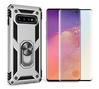 NALIA Coque + Verre Trempé Compatible avec Samsung Galaxy S10, 9H Tempered Glass & Cover avec Anneau Rotation de 360°, Support de Voiture Magnetique, Hard-Case & Silicone Bumper, Couleur:Argent