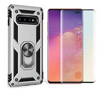 NALIA Coque + Verre Trempé Compatible avec Samsung Galaxy S10 Plus, 9H Tempered Glass & Cover avec Anneau Rotation de 360°, Support de Voiture Magnetique, Hard-Case & Silicone Bumper, Couleur:Argent