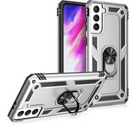 NALIA Étui à anneaux de style militaire pour Samsung Galaxy S21 FE, Protection extrême Résistance aux chocs Robuste, Anneau 360° pour fonction de support Argent