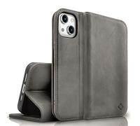 NALIA Étui à Rabat en Cuir Véritable Compatible avec iPhone 15 Coque, 360-Degrés Housse avec Protection RFID Fonction De Support Porte-Cartes, Flip Case Anti-Choc Resistant, Couleur:Gris Foncé