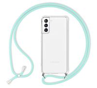 NALIA Étui avec Cordon Compatible avec Samsung Galaxy S22 Coque, Transparent Hardcase & Tour de Cou Lanière, Translucide Anti-Choc Anti-Jaune, Clear Case Rigide & Silicone Bumper, Couleur:Mint