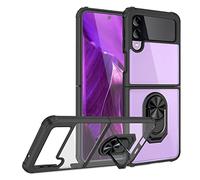 NALIA Étui Clair avec Bague Compatible avec Samsung Galaxy Z Flip4 Coque, Transparent Anti-Rayures Anti-Jaune Renforcé, Housse Arrière Rigide & Cadre Silicone, 360-Degrés Anneau Rotatif, Couleur:Noir