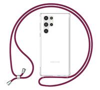 NALIA Étui Clair avec Cordon Compatible avec Samsung Galaxy S23 Ultra Coque, Transparent Anti-Jaune Robuste Coins Renforcés, Housse de Protection Rigide & Tour de Cou Bandoulière, Couleur:Rouge
