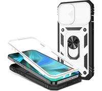 NALIA Étui en forme d'anneau de style militaire pour iPhone 13 Pro, protection extrême avec cadre d'écran & cache de caméra, anneau 360° pour fonction de support & support voiture blanc