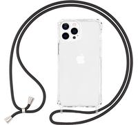 NALIA Etui hybride transparent avec chaîne pour iPhone 13 Pro, Transparent Anti-Jaune Robuste Coins Renforcés Hardcase & Cadre en Silicone, Protection antichoc & Cordon de téléphone Noir