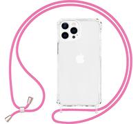 NALIA Etui hybride transparent avec chaîne pour iPhone 13 Pro, Transparent Anti-Jaune Robuste Coins Renforcés Hardcase & Cadre en Silicone, Protection antichoc & Cordon de téléphone Rose