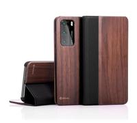 NALIA Flip Case Compatible avec Huawei P40 Coque, Housse Bois Veritable Etui Pochette Avant & Arrière Rabat Magnetique Full Body Cover, Wood Protection Couverture Telephone Portable Bumper - Noyer