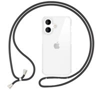 NALIA Housse Claire avec Cordon Compatible avec iPhone 16 Coque, Étui Transparent avec Chaîne, Cover Dur & Cadre Silicone, Sangle Ajustable Hybrid Case Anti-Jaune Anti-Choc, Couleur:Noir