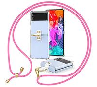 NALIA Housse Claire avec Cordon Compatible avec Samsung Galaxy Z Flip4 Coque, Cover Transparent avec Anneau & Tour de Cou Lanière, Arrière Dure Robuste & Cadre Silicone Anti-Choc, Couleur:Pink Rose