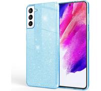 NALIA Housse robuste à paillettes pour Samsung Galaxy S21 FE, Housse hybride brillante à paillettes Housse en silicone renforcée Bleu clair