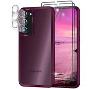 NALIA Kit [5-en-1] Compatible avec Samsung Galaxy S23 Coque, [1x Étui Hybride Mat & 2X Protection d'Écran & 2X Protecteur Caméra] Semi-Transparent Anti-Jaune Translucide Anti-Choc, Couleur:Rouge