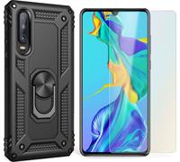 NALIA Ring Handy Cover pour Huawei P30, Case Cover Bumper Display Protection Glass Black