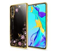 NALIA Strass Coque Compatible avec Huawei P30, Ultra-Fine Silicone Fleur Glitter Housse Protection Case Paillettes, Souple Smart-Phone Cover Mince Telephone Portable Etui Slim Gel Bumper - Gold Or