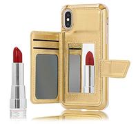 NALIA Wallet Case Compatible avec iPhone X/XS Coque, Housse Protection avec Miroir & Fente pour Carte & Fermeture Magnétique, Brillant Anti-Choc PU Cuir Cover Hardcase Couverture, Couleur:Gold Or