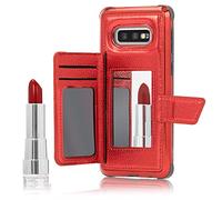 NALIA Wallet Case Compatible avec Samsung Galaxy S10e Coque, Housse Protection avec Miroir & Fente pour Carte & Fermeture Magnétique, Brillant Anti-Choc PU Cuir Cover Couverture, Couleur:Rouge