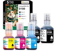 Nalifystic Lot de 5 flacons de recharge d'encre compatibles D180 pour imprimantes Brother BTD180 BTD180BK BTD180CLVAL pour imprimantes DCP-T580DW DCP-T583DW DCP-T780DW (lot de 5, 2BK 1C 1M 1Y)