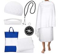 Namalu Set de Ihram pour Hajj et Omra Vêtement Islamique pour Homme 2 Serviettes de Pèlerin Chapeau Kufi Chaîne de Chapelet Sac Banane Boussole Tenu Musulmane pour Prière de Islam Cadeau Aïd Ramadan