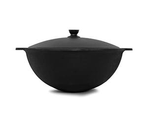 Namangan Kazan Pot pivotant en fonte 8 l (fond rond) Kazan Ouzbek Cast Iron Chaudron Uzbek Camping Uzbek Asia Wok avec couvercle en aluminium