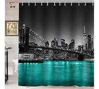 Namdeva Rideau de douche en tissu imperméable, motif paysage urbain, vue nocturne, pont de Brooklyn, gratte-ciel, gratte-ciel, bâtiment célèbre, décoration de salle de bain, bleu sarcelle, 183 x 183