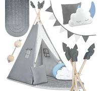 Nukido, Teepee Kids Tent Grey with Garland, Cushions, Large Mat, stabilizer