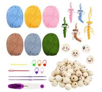 NAMIS Kit de crochet avec instructions (français non garanti), 40 boules en bois avec visage de 20 mm, 6 fils à crochet multicolores,crochets,accessoires pour les débutants et les enfants